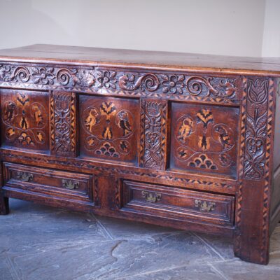 17th Century Oak & Inlaid Marquetry Coffer / Mule Chest